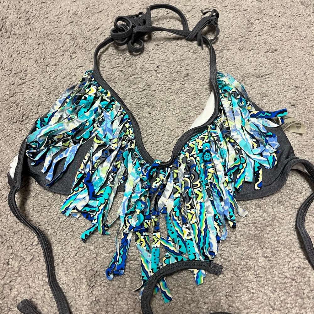 Raisins Teal & Aqua Fringe Bikini Top with Gray Trim